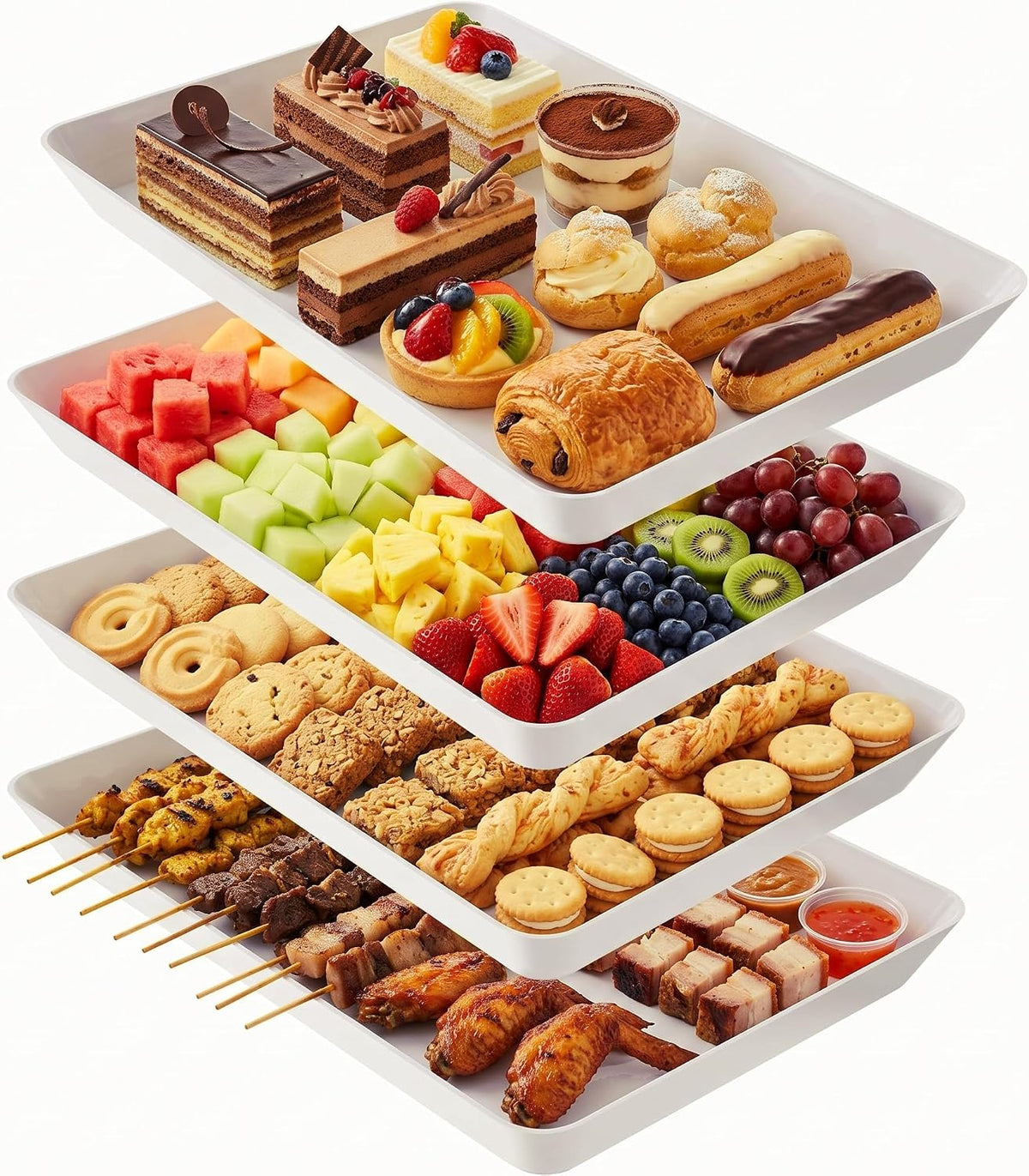 Serving Trays, Serving Platter, Plastic Trays, 4-Pack, White