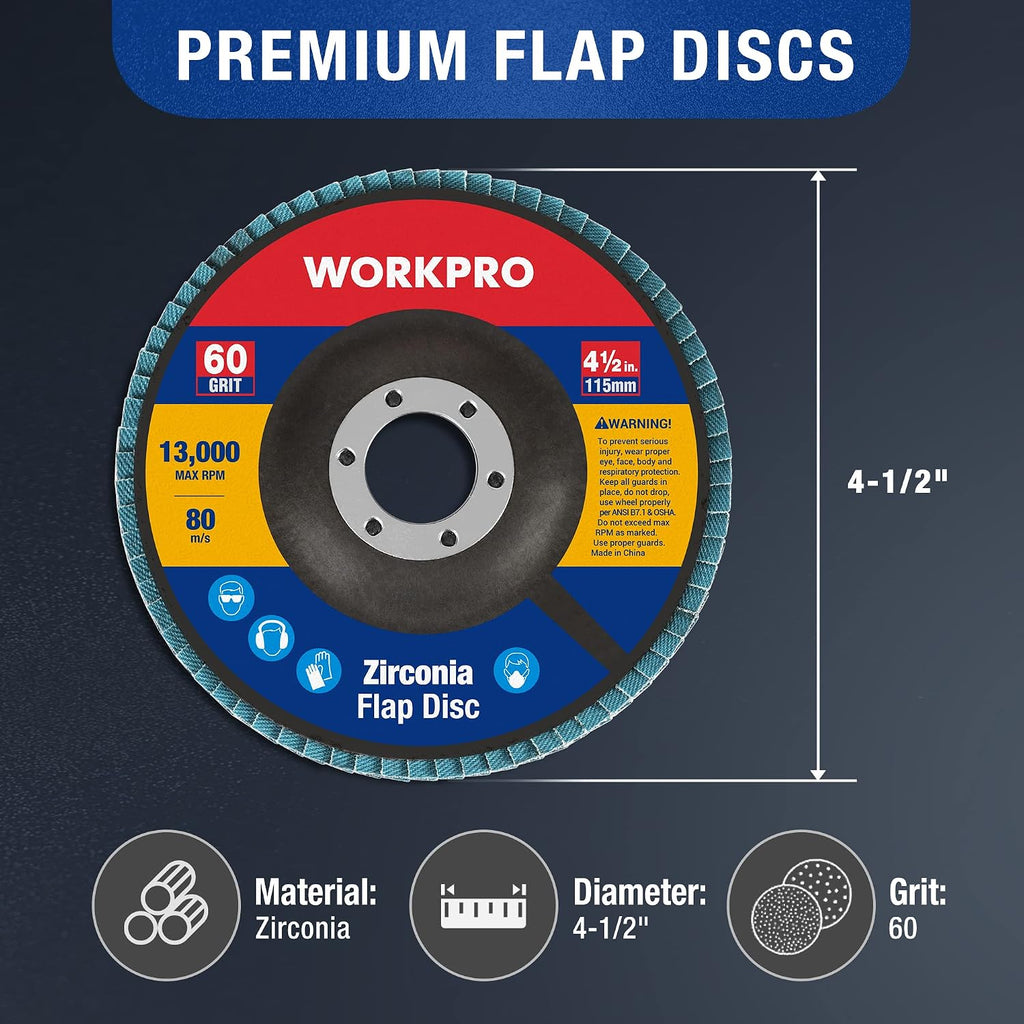 WORKPRO 10-Pack Zirconia Flap Discs, 4-1/2" x 7/8", T29, 60 Grit