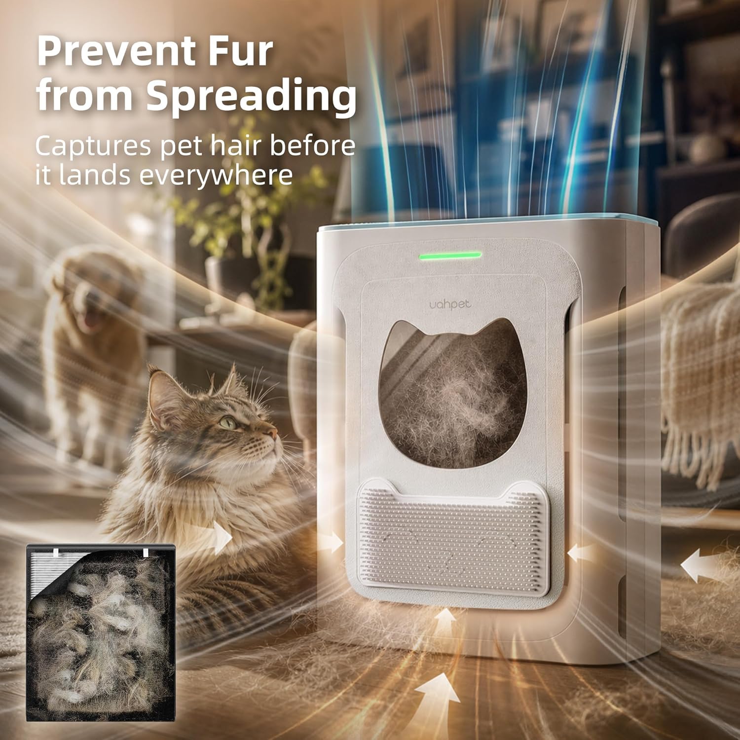 Pet Air Purifier, H13 HEPA Filter for Pet Hair, Dander & Odors, 2100 Sq Ft Coverage, Plug & Play No WiFi Required