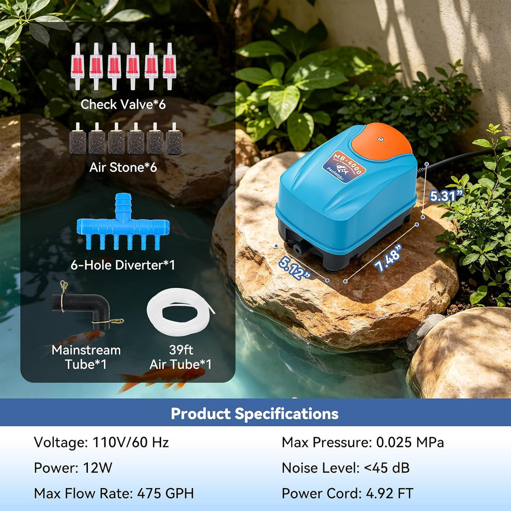 Aquarium Air Pump 110V, Powerful 475GPH Pond Aerator Quiet
