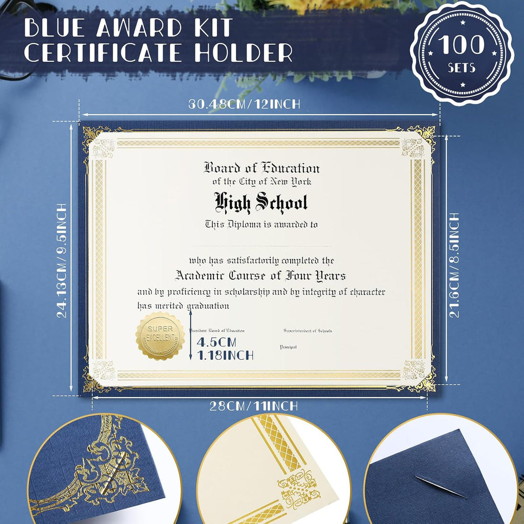 300 Pcs Linen Certificate Holders Kit 100 Gold Foil Certificate Paper 100 Single Sided Linen Diploma Holders 8.5'' x
