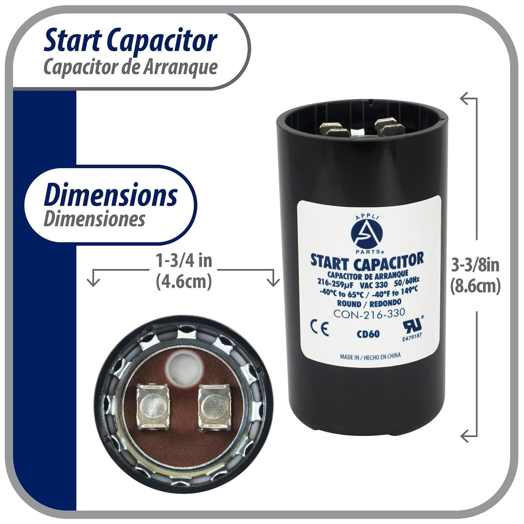 Appli Parts CON-189-330 Motor Start Capacitor 189-227 MFD uF, 330 VAC. Universal for Electric Motor Applications, 1.75 in Wide, 3.38 in Height