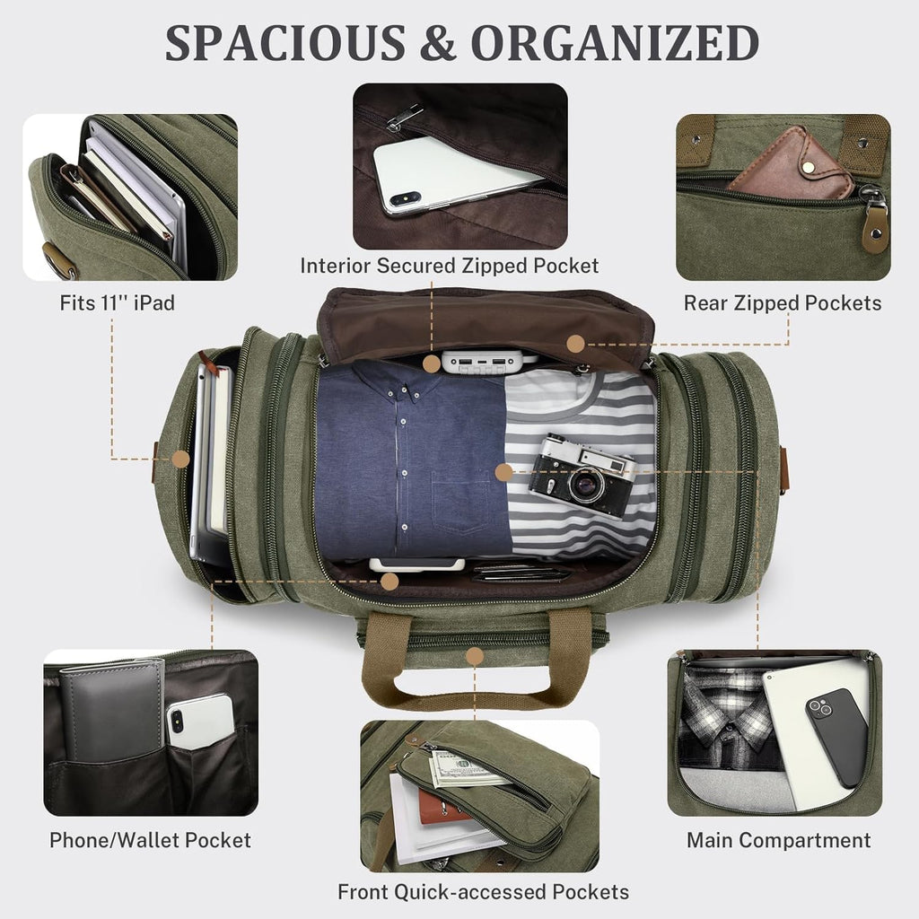 Canvas Duffle Bag for Travel 60L Duffel Overnight Weekender Bag (Army Green)