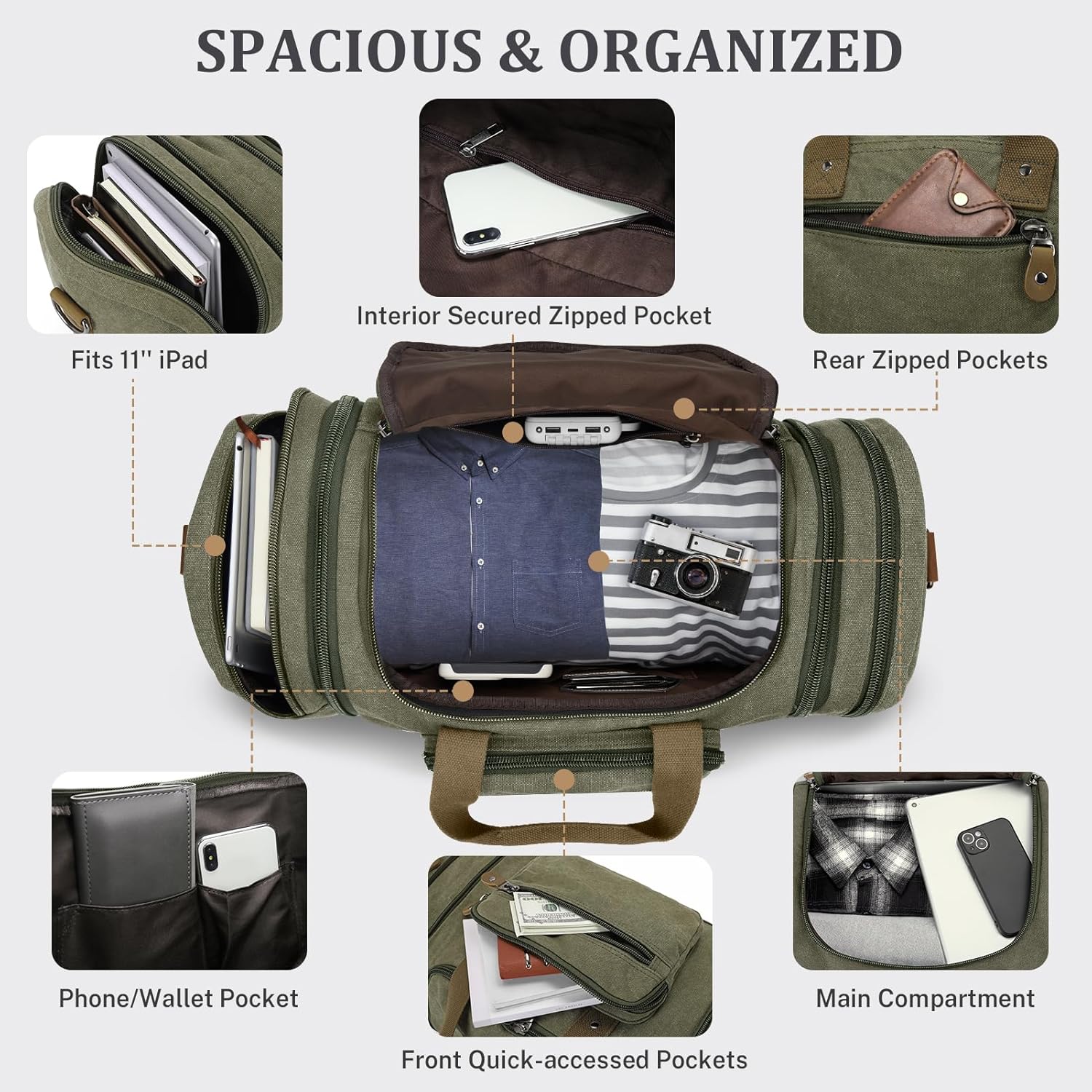 Canvas Duffle Bag for Travel 60L Duffel Overnight Weekender Bag (Army Green)