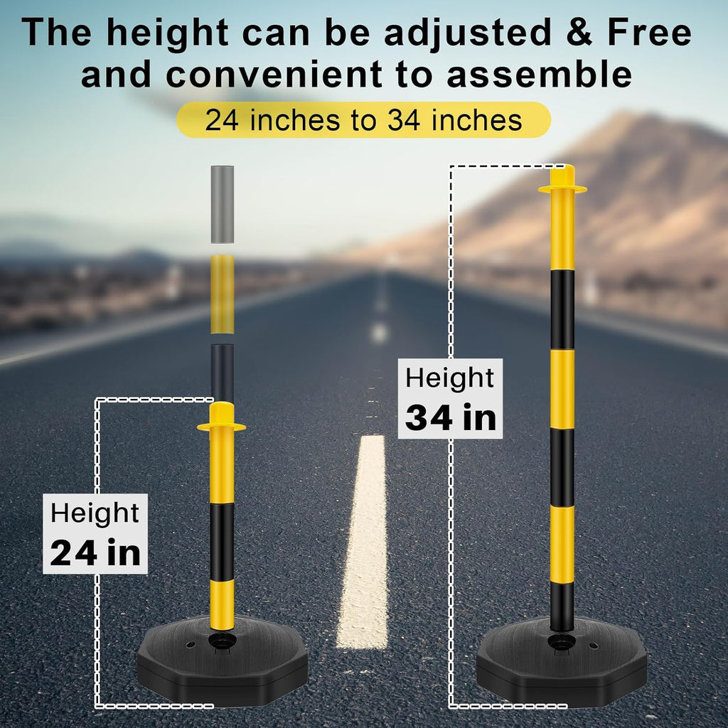 6 Sets 34 Inch Delineator Post Parking Cone Barrier,Yellow,Black | Plastic Stanchion Base 6.6 Ft Chain, Reflective