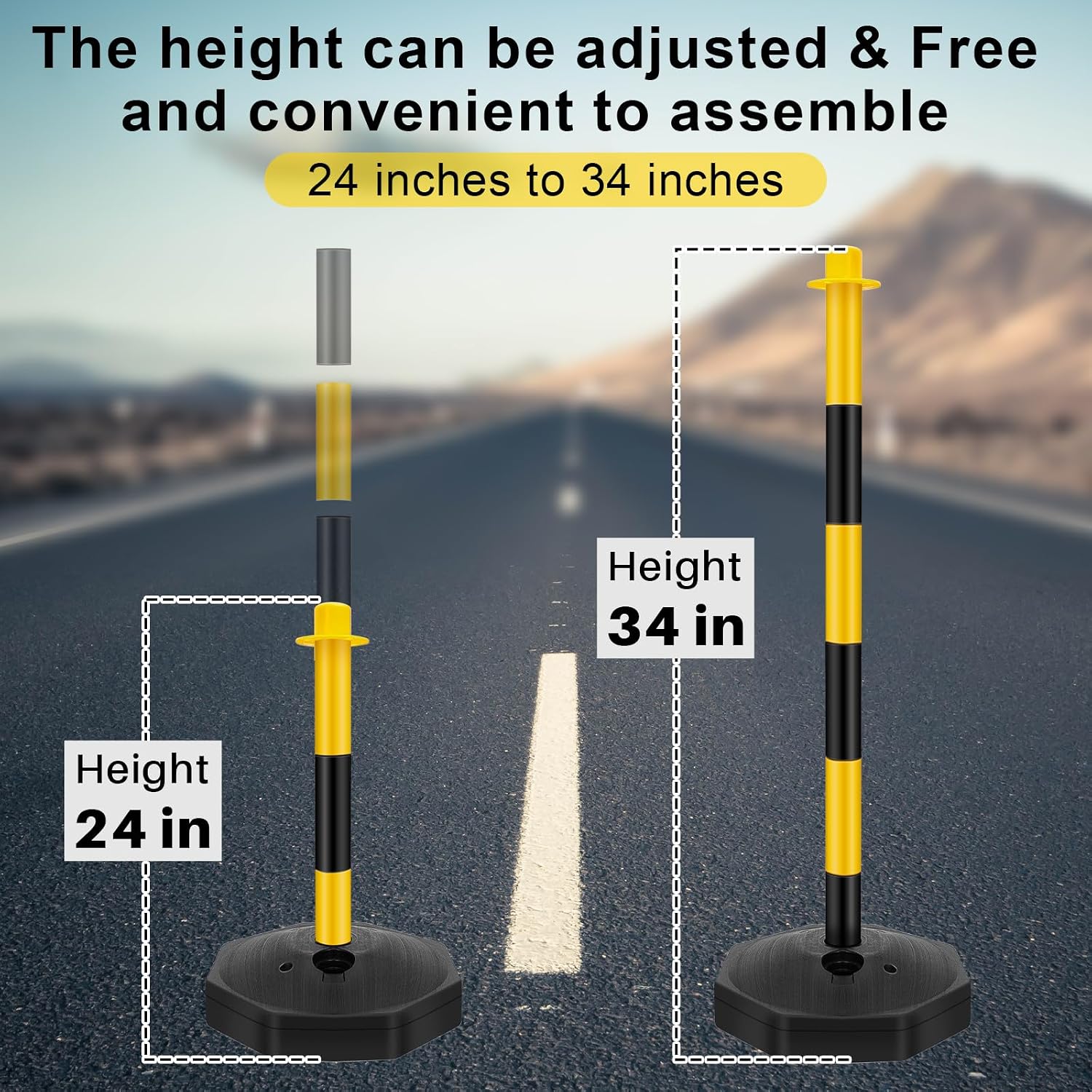 6 Sets 34 Inch Delineator Post Parking Cone Barrier,Yellow,Black | Plastic Stanchion Base 6.6 Ft Chain, Reflective