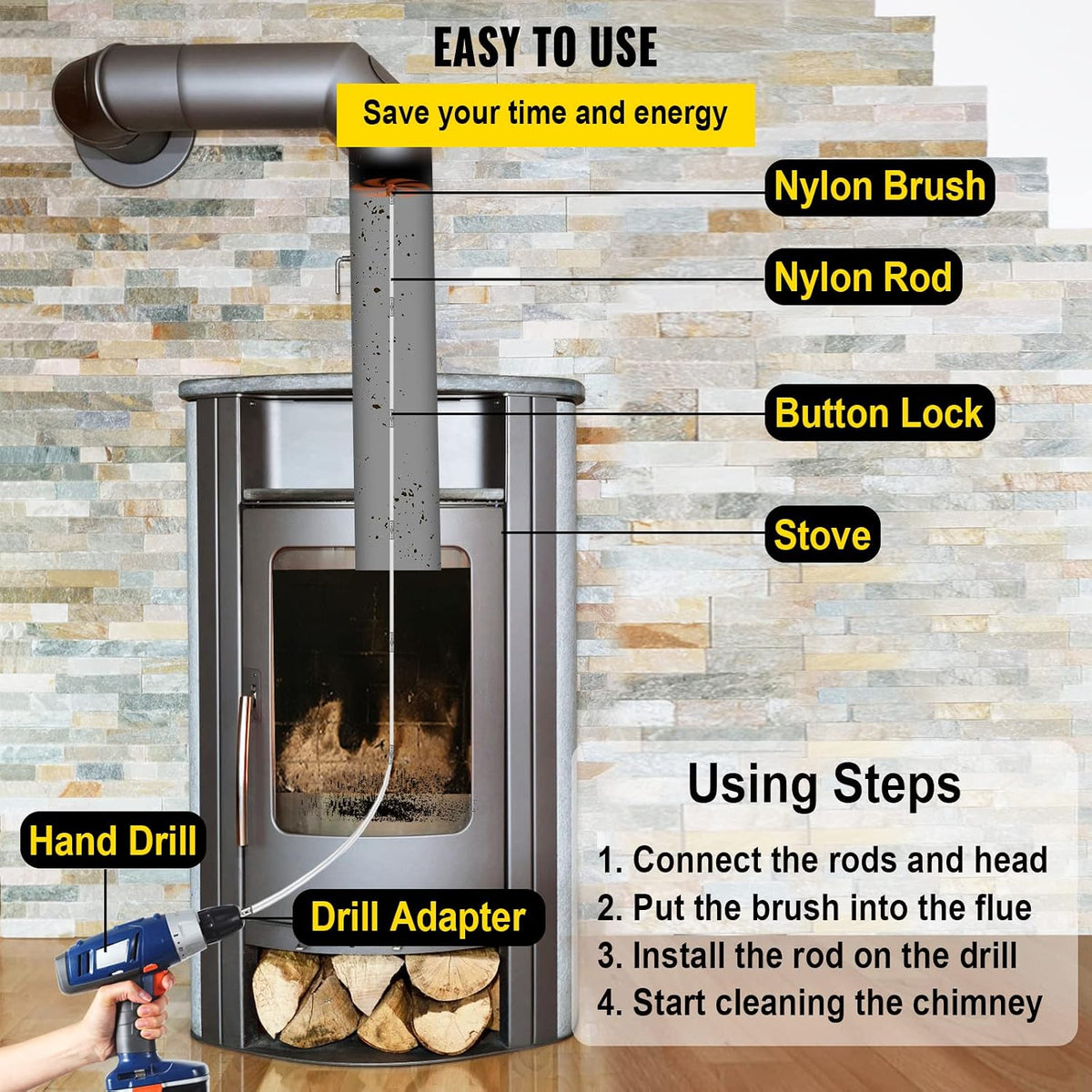 Chimney Sweep Kit 23FT Length, Chimney Brush Kit with 7 Nylon Flexible Rods, Rotary Chimney Cleaning Kit Driven by