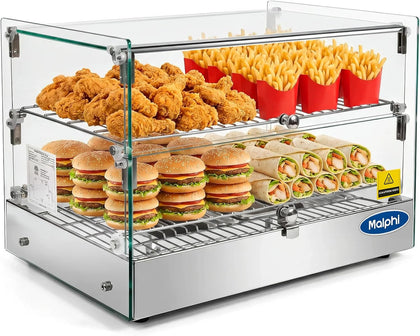 2-Tier Commercial Food Warmer Display Cabinet, Stainless Steel Base with Tempered Glass Door, Adjustable Temperature