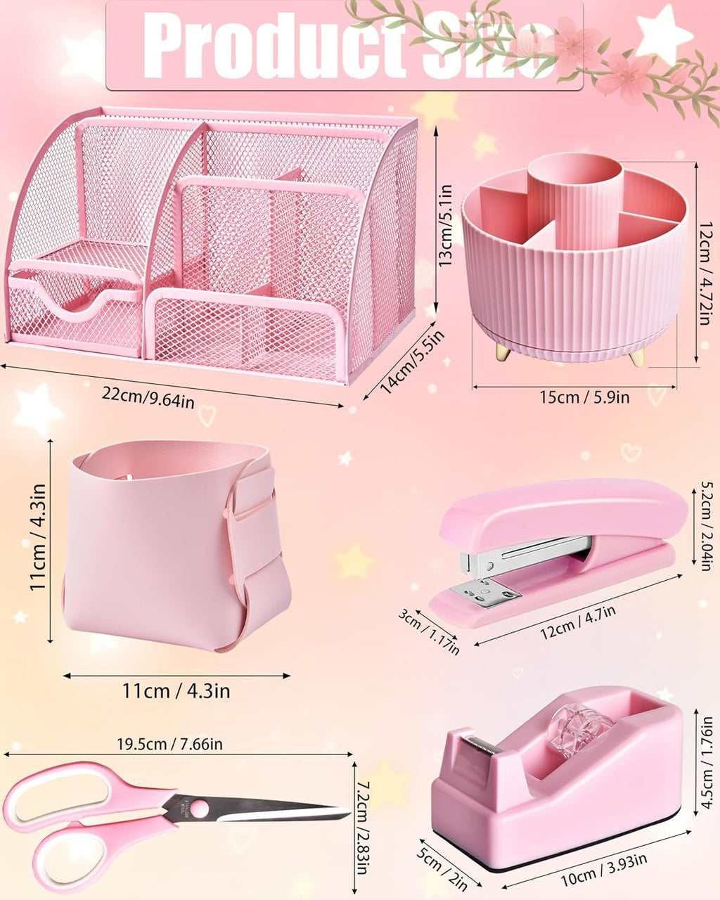 21Pcs Pink Desk Organizers and Accessories With Mesh Desk Organizer and 360°Rotating Pen Holder and a Lot of Office