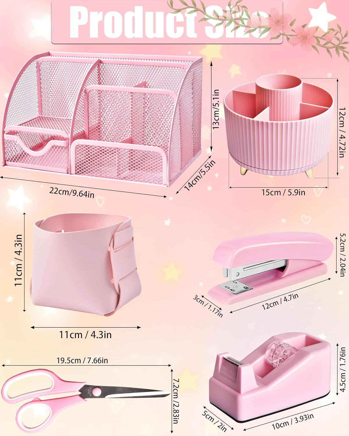 21Pcs Pink Desk Organizers and Accessories With Mesh Desk Organizer and 360°Rotating Pen Holder and a Lot of Office