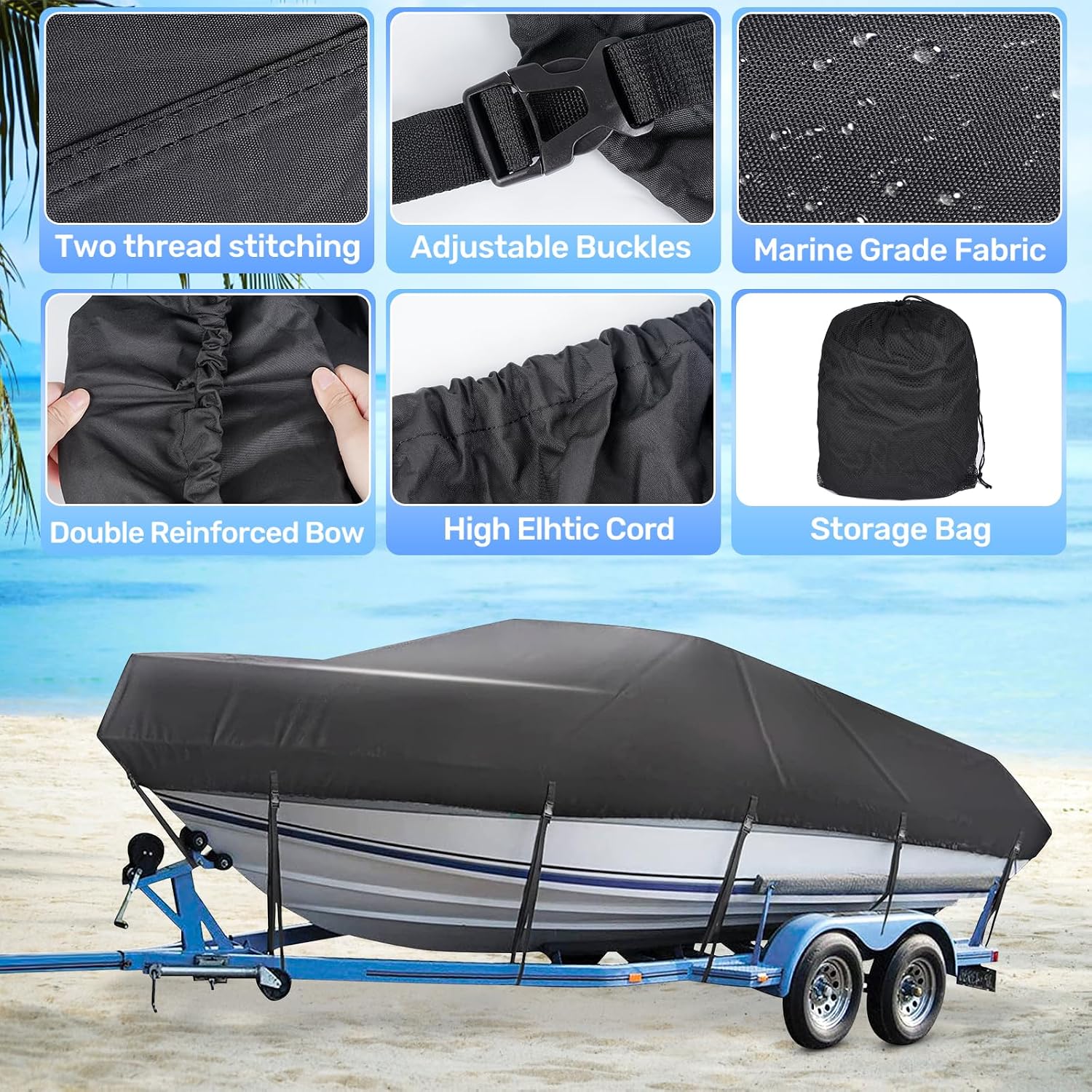 Boat Cover 16ft-18.5 ft, Waterproof Trailerable Boat Cover | Heavy Duty Covers fits Bass Boats, V-Hull, Tri-Hull