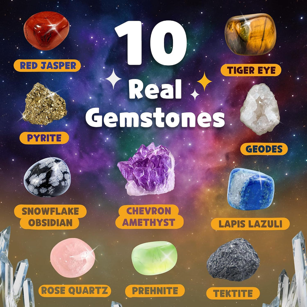 Gemstone Dig Kit for Kids with 2 Tools, 10 Real Gems Tektite | Lapis Lazuli and Tektite|STEM Science Mining