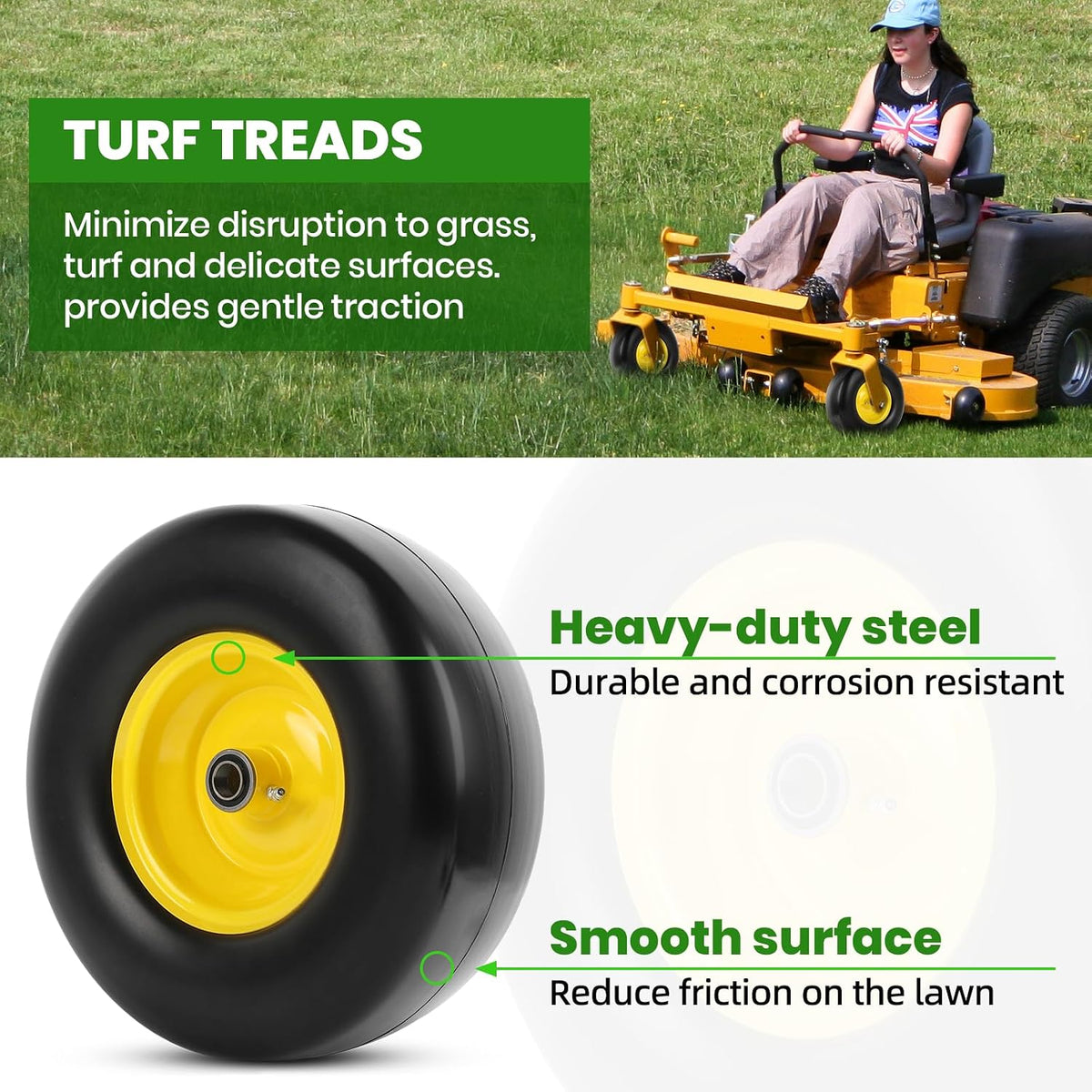 (2-Pack) 13x5.00-6 Flat Free Lawn Mower Tire and Wheel- Solid Smooth Tread Replacement Front Tire for Riding Zero
