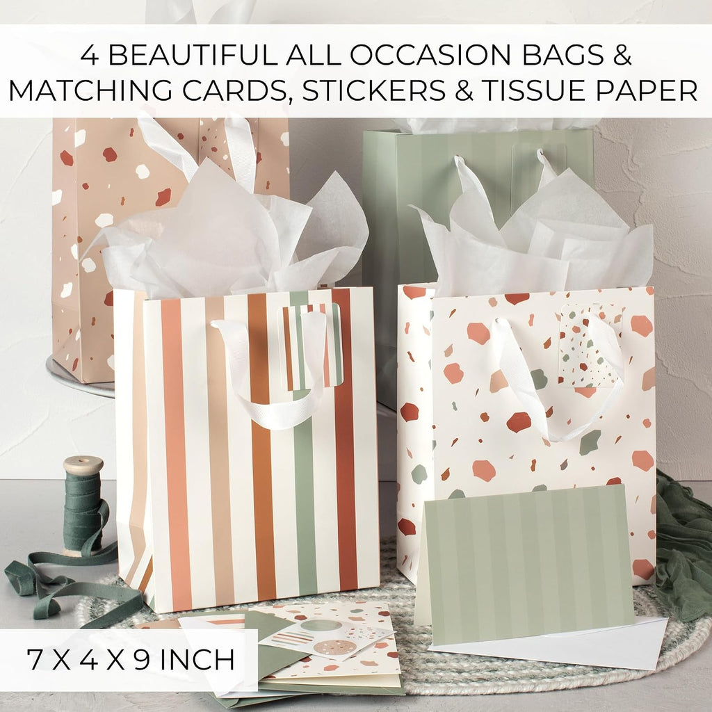 Beautiful Gift Bags Set of 4 - Medium Sized 9" Bags with Handles incl. Matching Tissue Paper, Cards & Small Stickers