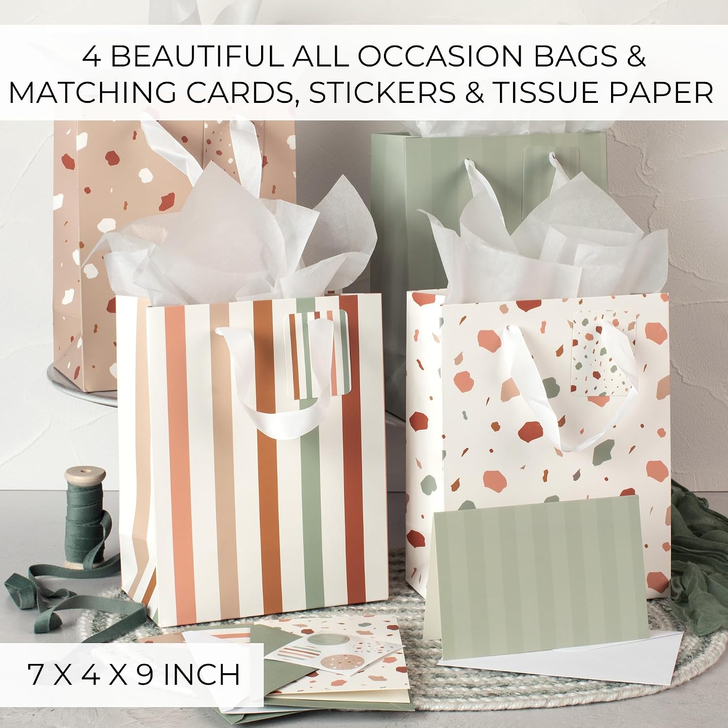 Beautiful Gift Bags Set of 4 - Medium Sized 9" Bags with Handles incl. Matching Tissue Paper, Cards & Small Stickers