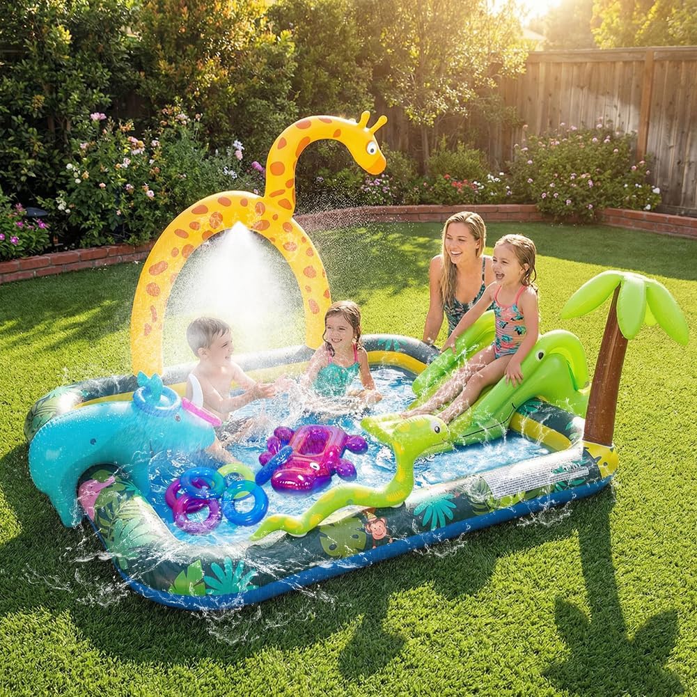 Inflatable Jungle Animal Play Center, Inflatable Water Park Kiddie Pool with Slide, Water Sprayer for Summer Outdoor