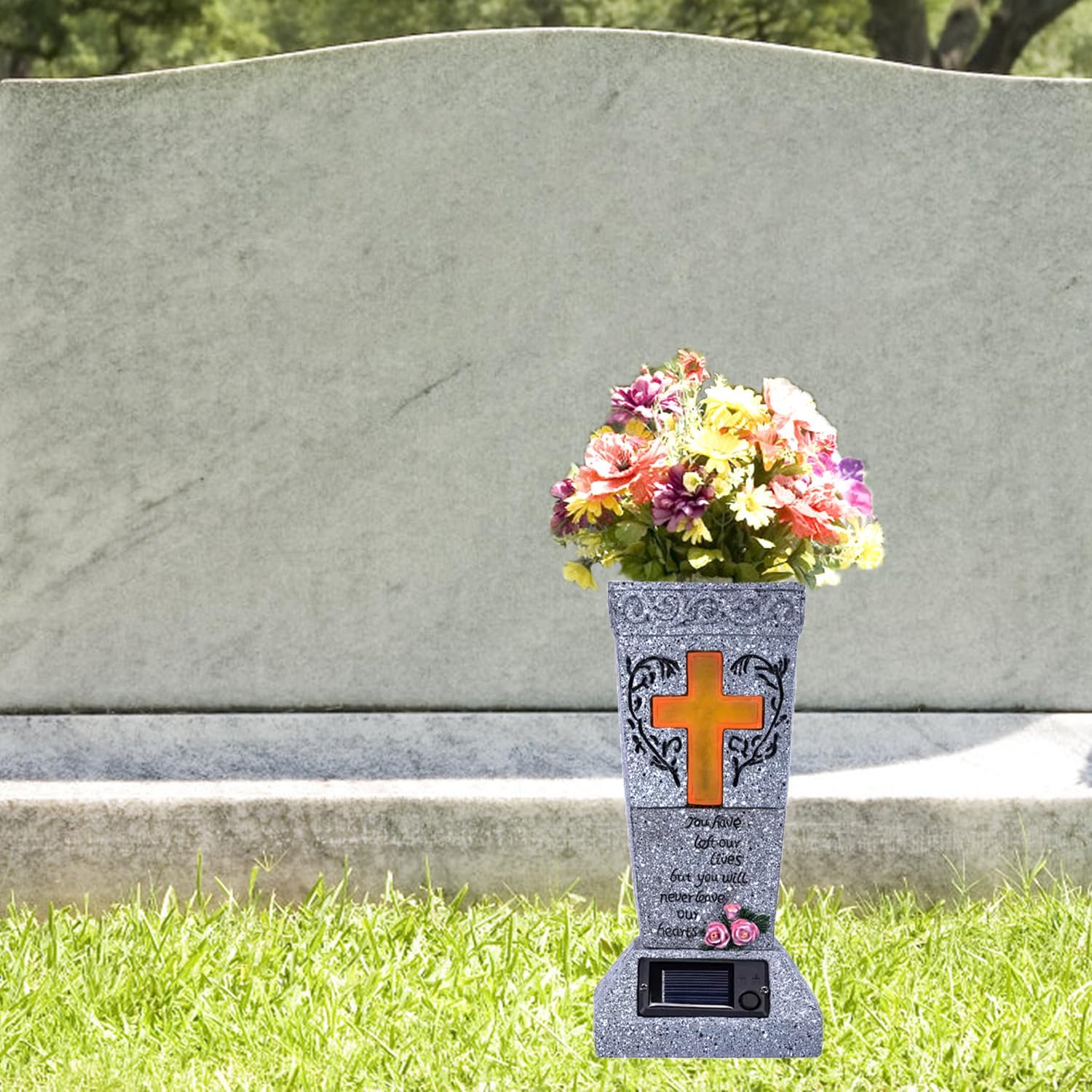 Solar Cemetery Vase with LED for Fresh/Artificial Flowers, Cemetery Flowers Vase with Spikes, Headstone Decorations