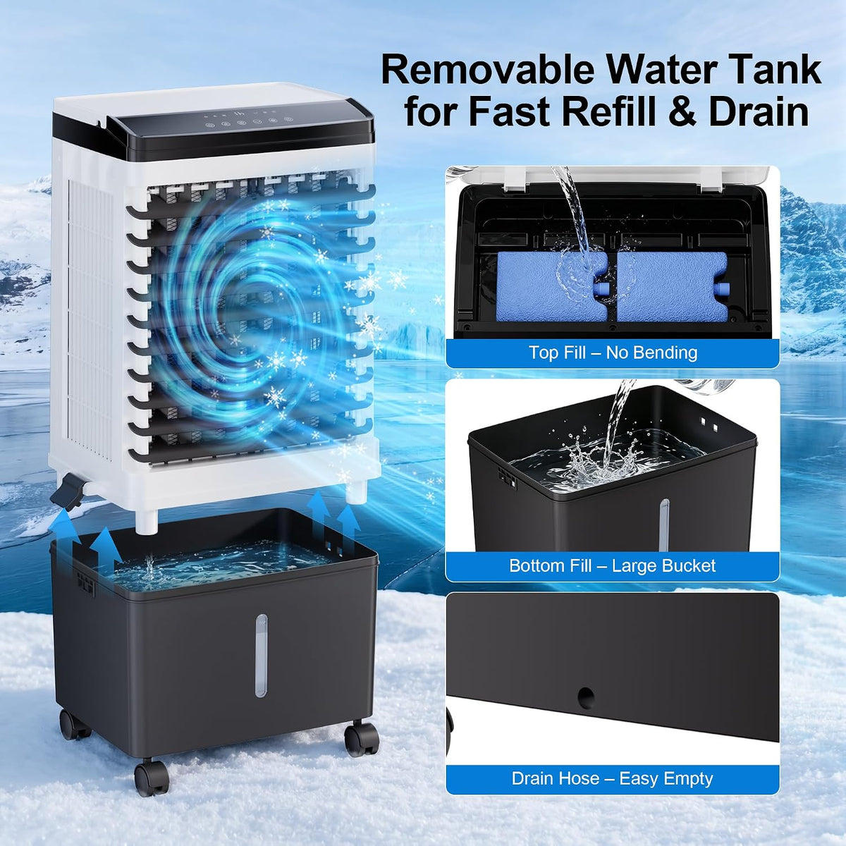1800 CFM Swamp Cooler, Evaporative Air Cooler with 5.3 Gal Detachable Water Tank, 4 Ice Packs, 3-in-1 Portable AC