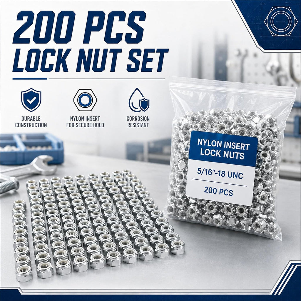 200 Pcs 5/16"-18 Nylon Insert Hex Lock Nuts, Carbon Steel Bulk