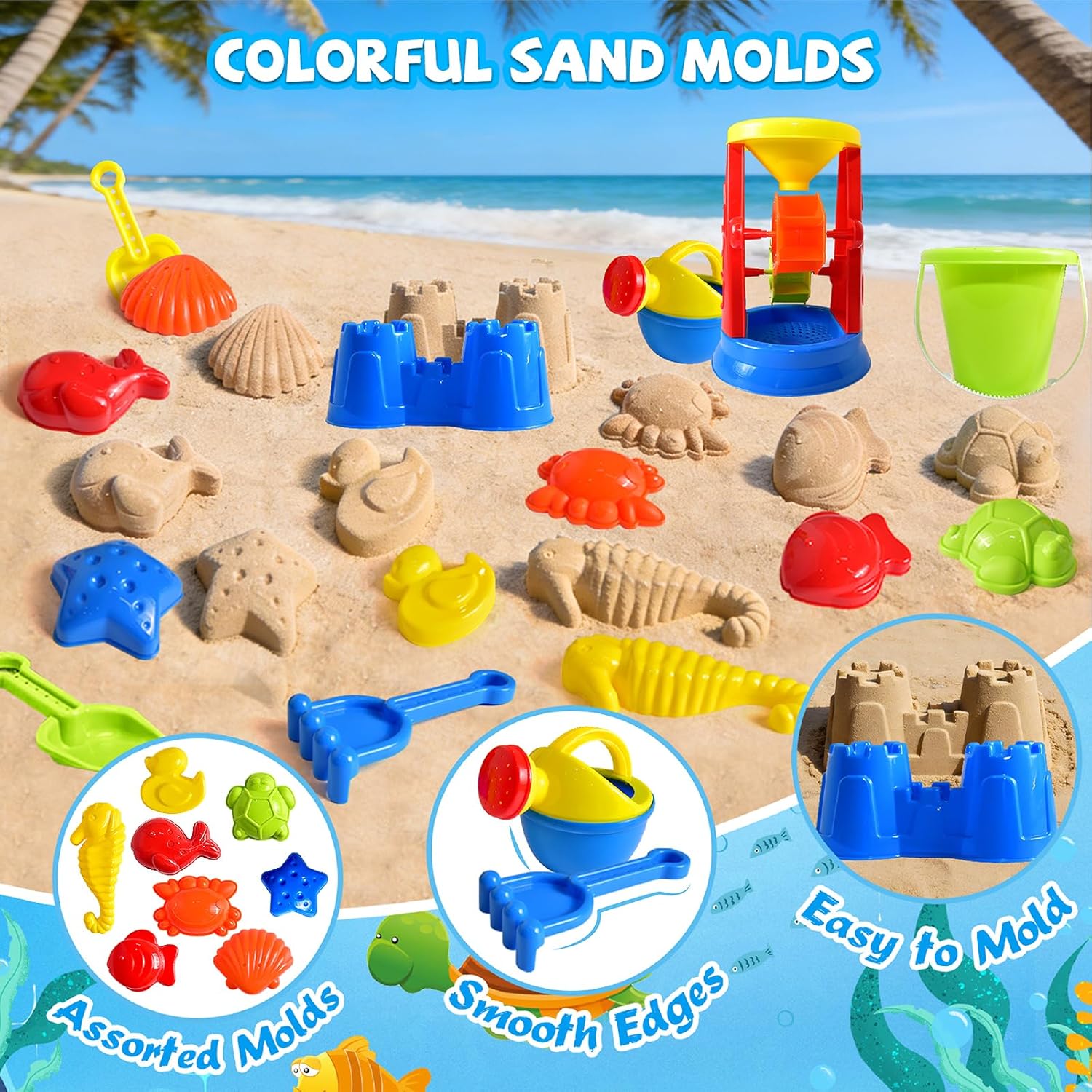 Beach Toys, 19 Piece Sand Toys Set Kids Sandbox Toys Includes Water Wheel Beach Tool Kit Bucket Watering Can Molds