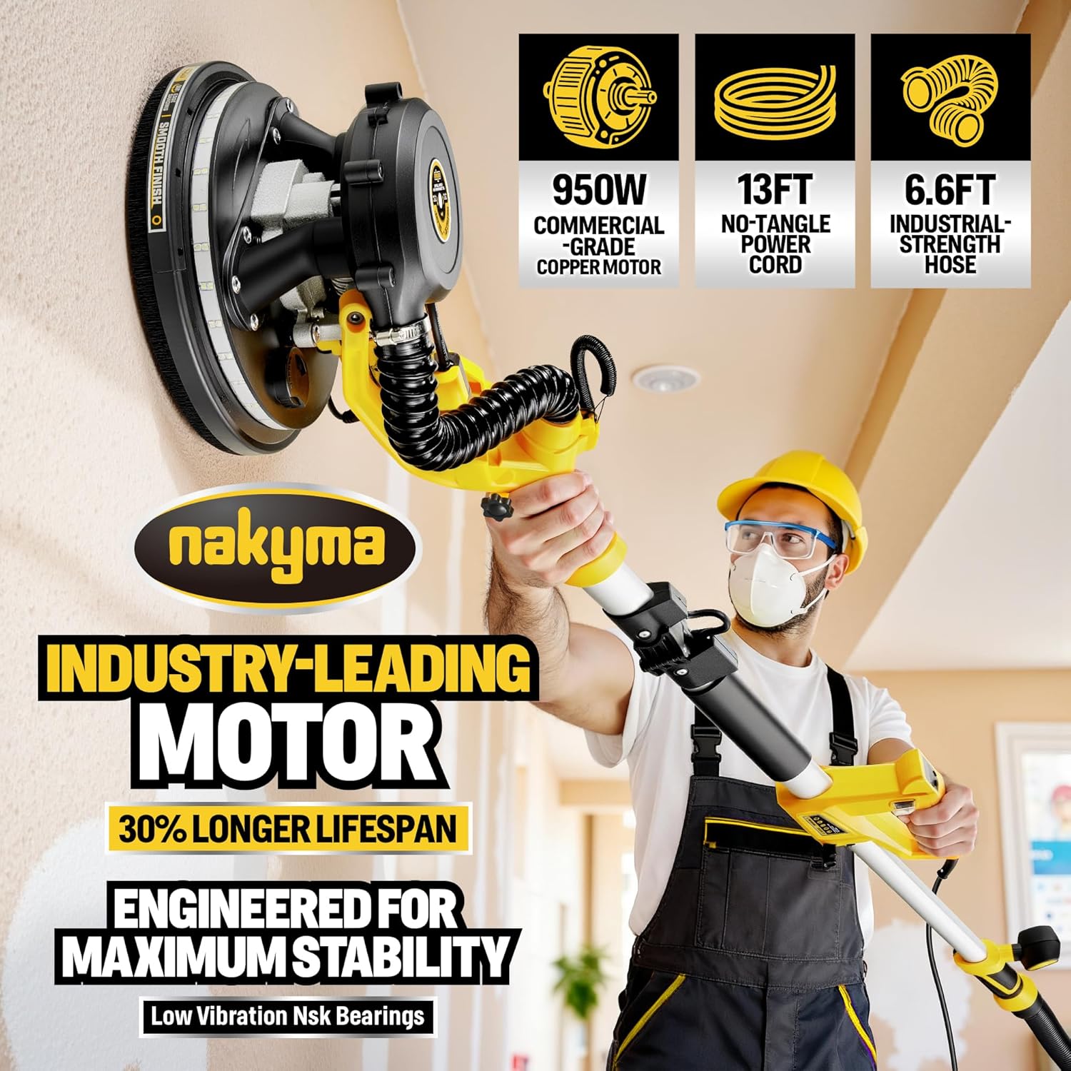 Drywall Sander, 950W 8.5A Electric Drywall Sander with Vacuum Dust Collector, 9 Variable Speed 800-2100RPM, Foldable