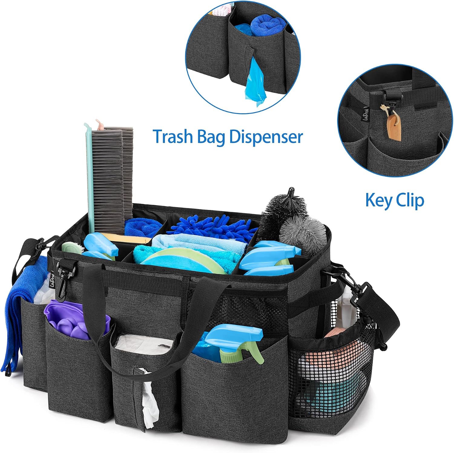 Wearable Cleaning Caddy Bag with 4 Foldable Dividers, Cleaning Supply Organizer with Shoulder Strap and Side Handles