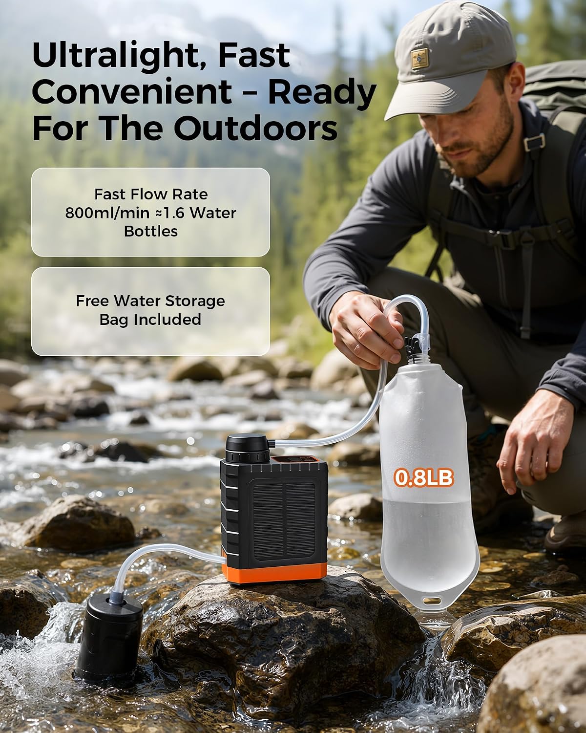 Portable Electric Water Filter for Camping & Survival - 0.01 Micron Water Purification System with Solar, Hand Crank