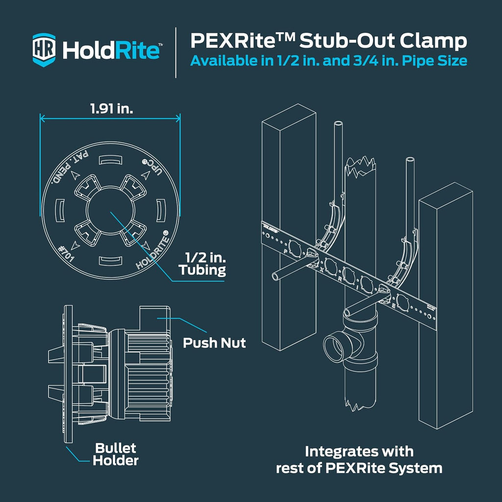 HoldRite PEXRite Stub-Out Clamp for 1/2 in. CTS Pipe, Tool-Free Pipe Support for Bathroom Stub-Outs, PEX, Copper, CPVC, 701-H