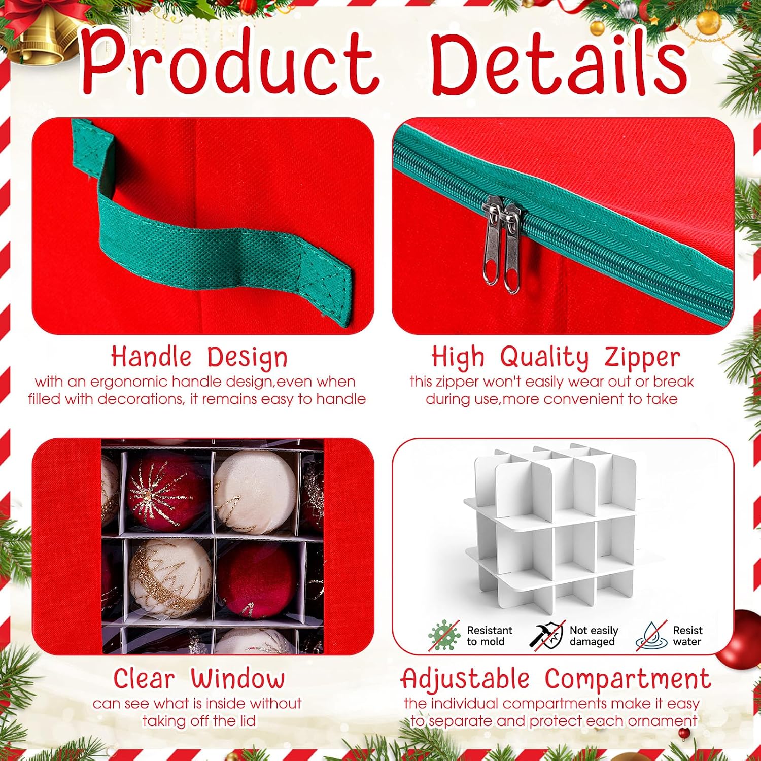 2 Pcs Christmas Ornament Storage Box with Dividers, Dual Zippers up to 3 Inch 64 Ornaments, 31 Inch Gift Wrapping