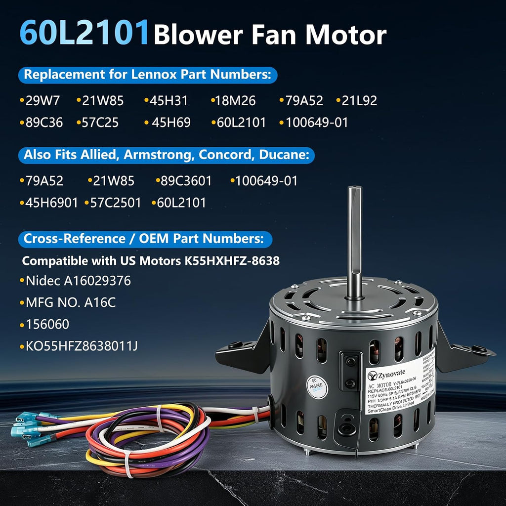60L2101 Blower Fan Motor 1/3 HP 115V 1075RPM 4-Speed Furnace Blower Motor
