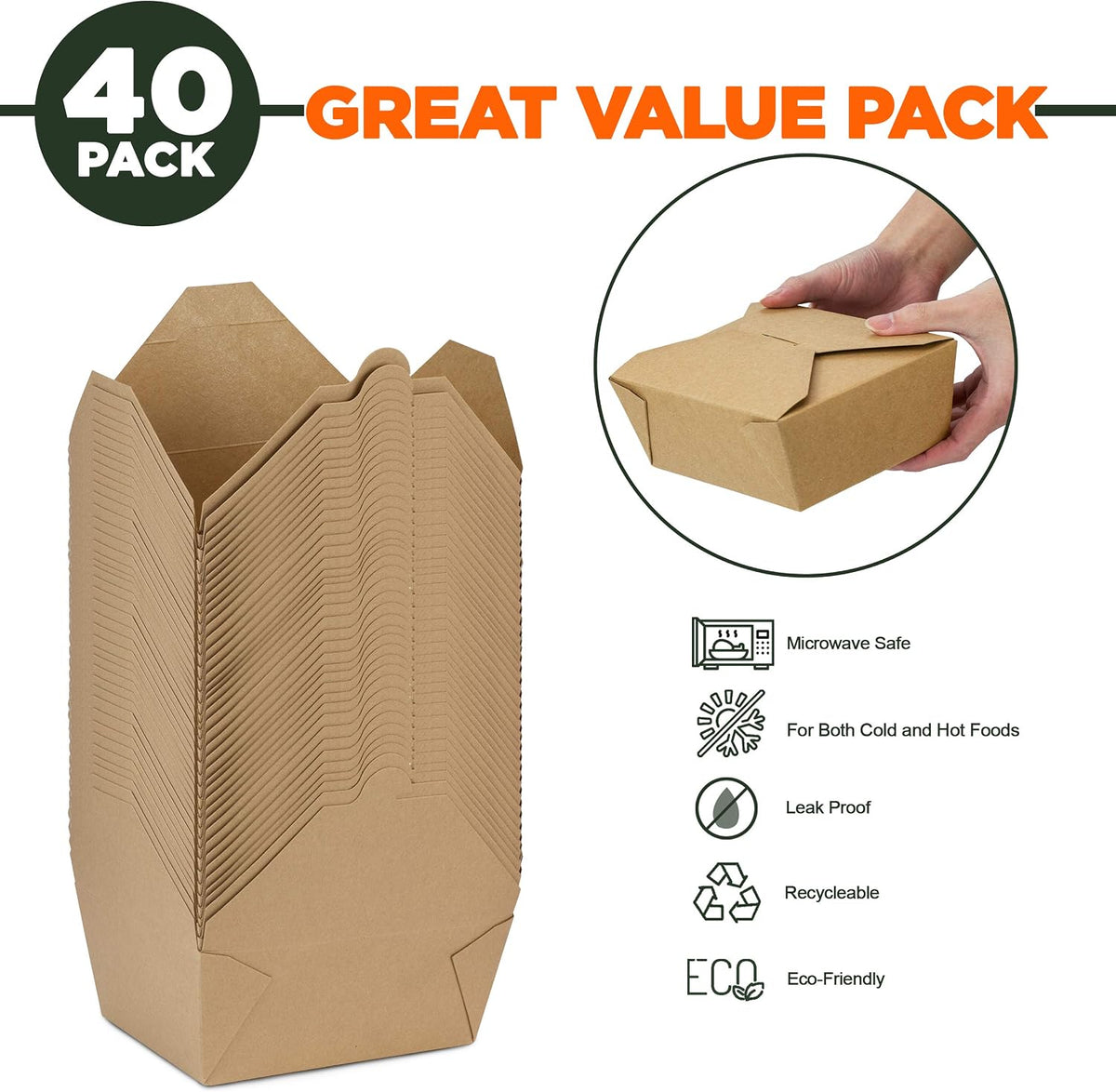 48 oz To Go Boxes, Paper Take Out Containers, Lunch Meal Food Boxes Disposable, Microwave Safe, Leak Grease Resistant