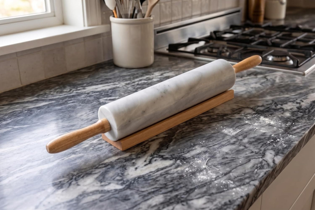 Polished Marble Rolling Pin with Wooden Cradle, 10-Inch Barrel, White