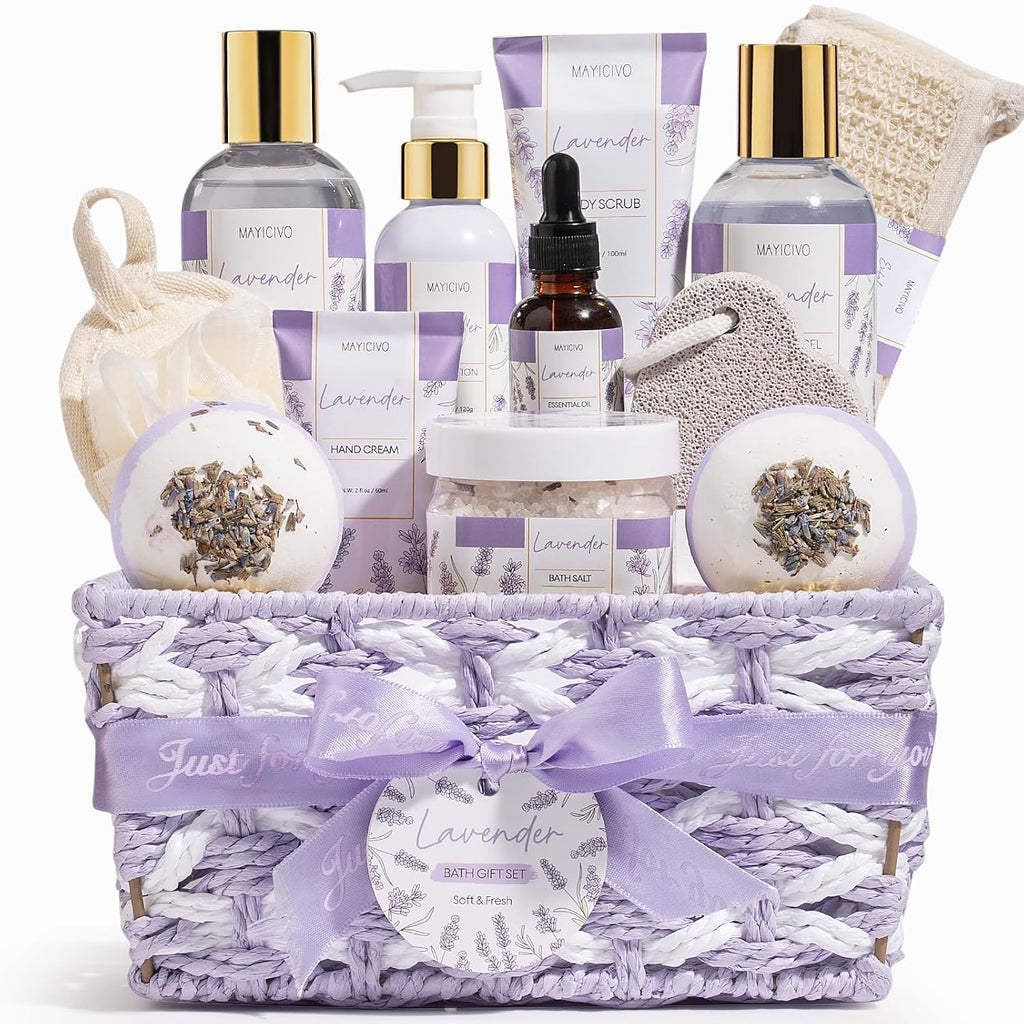 Mothers Day Birthday Gifts for Women, Lavender Relaxing Spa Gift Baskets for Women Self Care Package Bath Gift Set