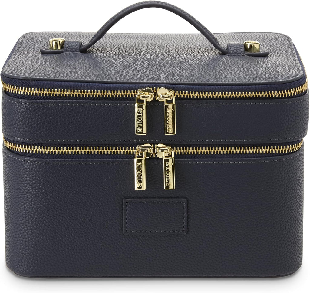 Duo Vanity Case Navy - Large Functional Travel Makeup Bag Organizer with Removable Divider & Mirror