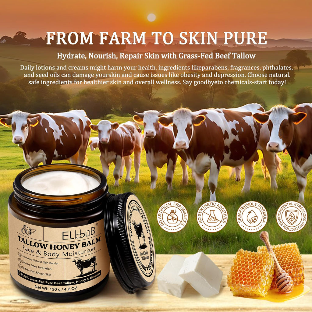 Whipped Tallow Cream for Face & Body - 100% Grass-Fed Beef Tallow, Natural Honey & Beeswax Moisturizer, Deep