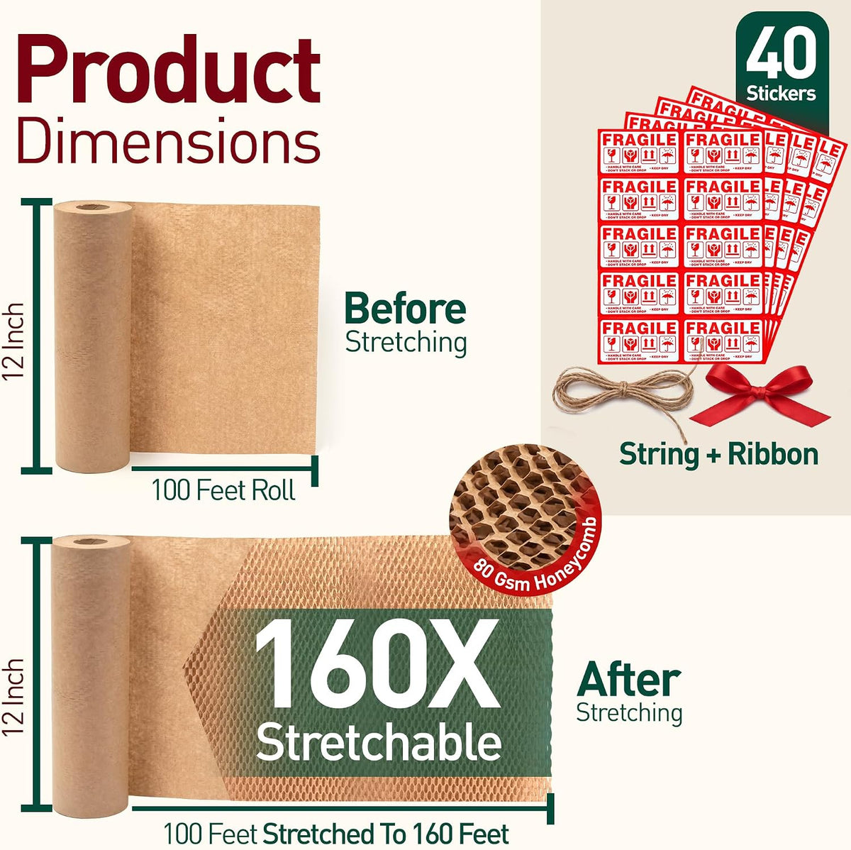 Honeycomb Packing Paper, 12 Inch x 100 FT – Eco-Friendly Recyclable Cushioning Wrap Roll for Moving & Shipping