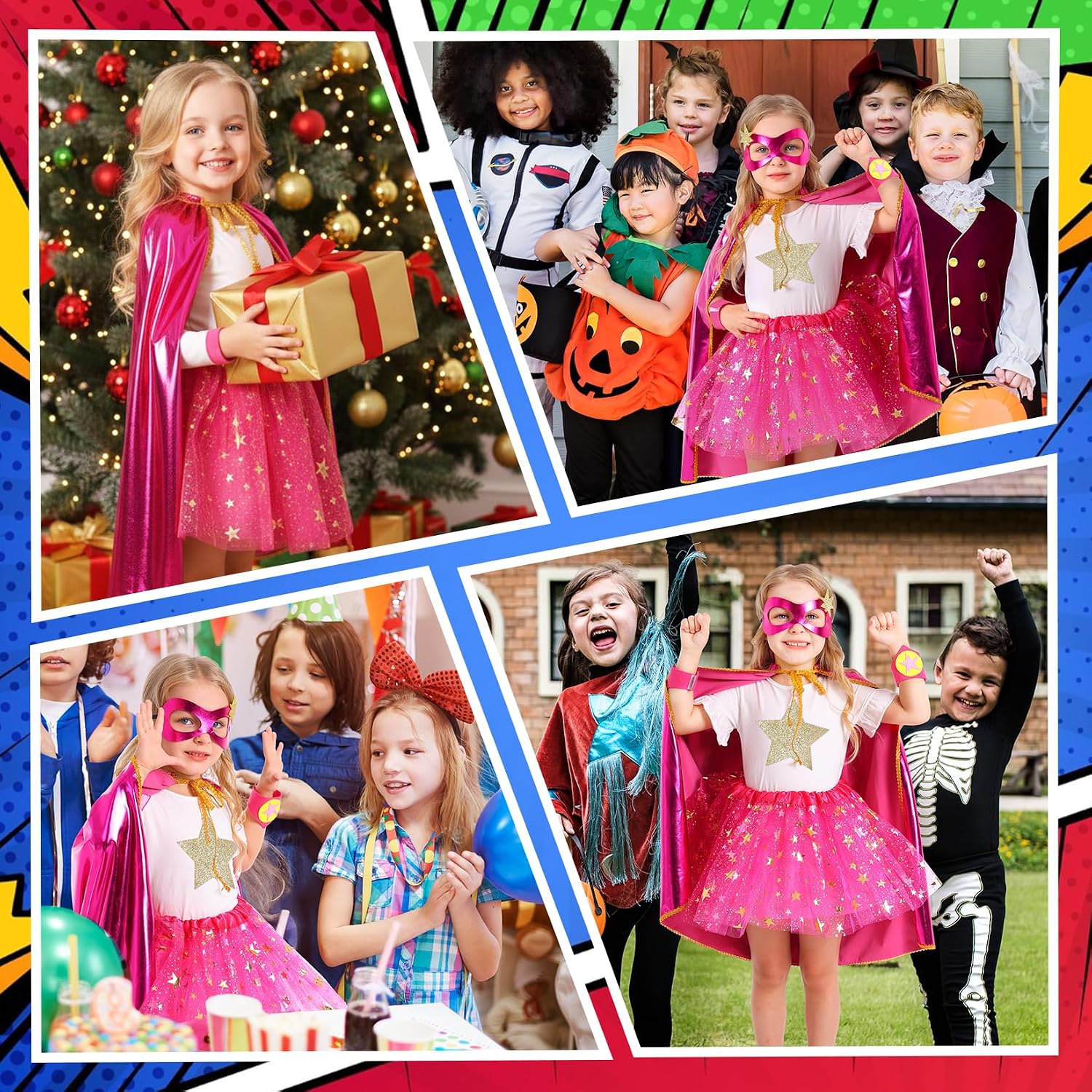 Kids Superhero Cape Tutu Costume Set for Girls Halloween Dress Up Age 3-10 | Includes satin cloak, mask, star cuffs &
