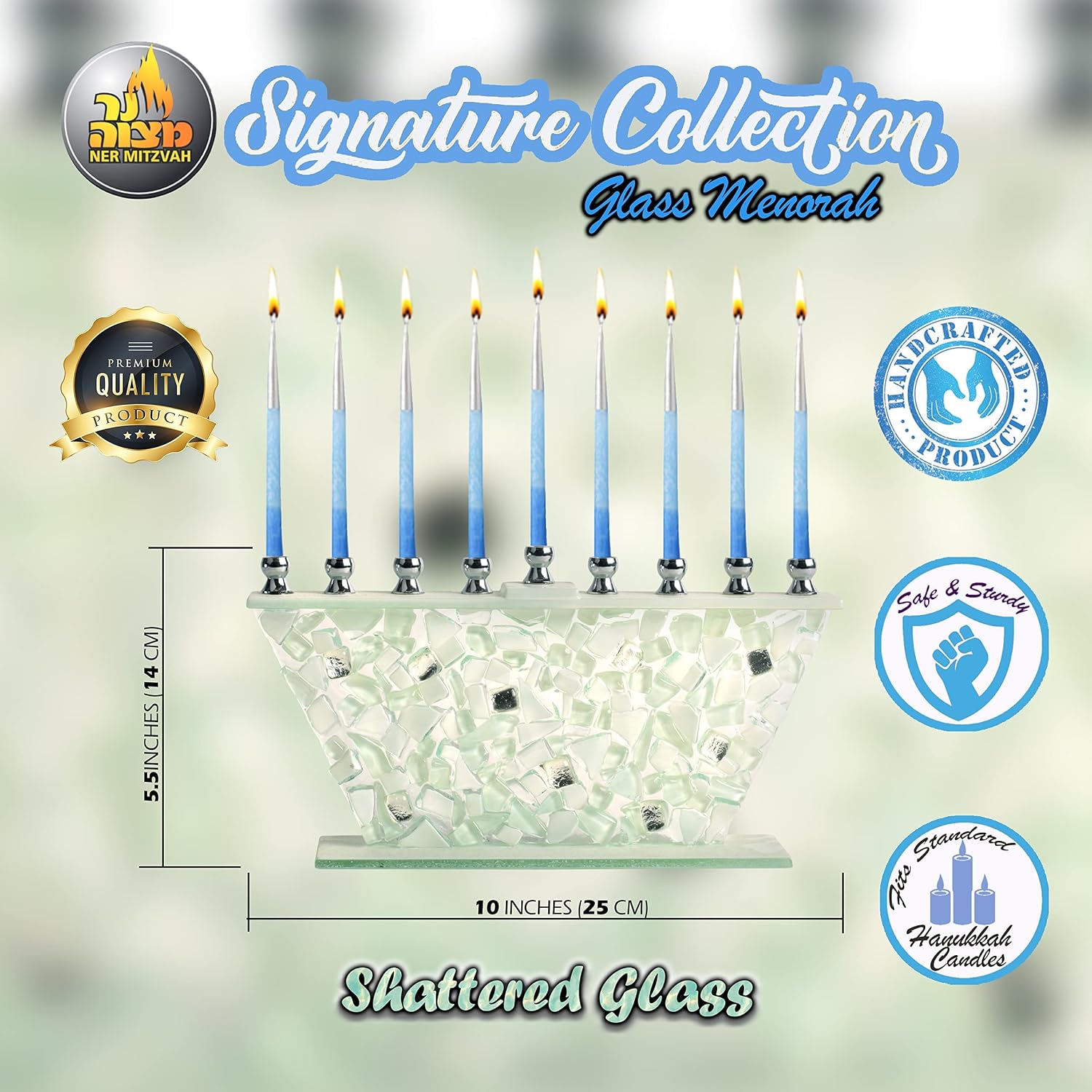 Hanukkah Menorah - White Shattered Glass - Handcrafted Painted Glass - Fits All Standard Chanukah Candles