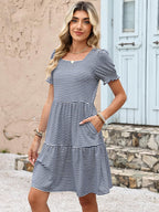 Womens Summer Puff Short Sleeve Square Neck Work Mini Dresses