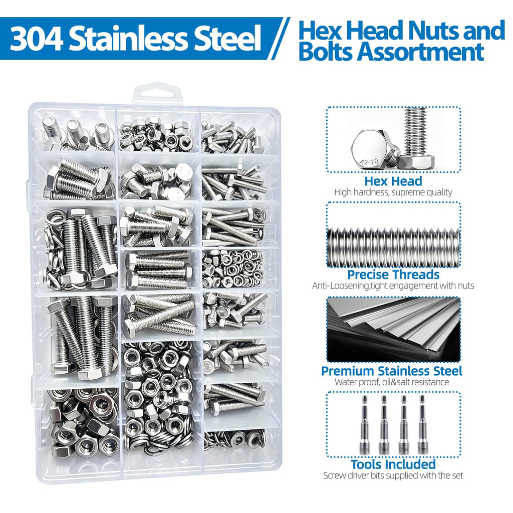 520pcs M4 M5 M6 M8 Hex Bolts and Nuts Assortment Kit, 4 Most Popular Sizes 304 Stainless Steel Assorted Metric Screws, Nuts and Flat & Lock Washers,Length 10-40mm with 4 Screw Driver bits