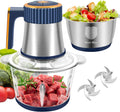 Food Processor, 5-Speed Food Chopper, Electric Meat Grinder, Blue | 2 Bowls (8 Cup+8 Cup) & 2 Sets of Blades, Meat