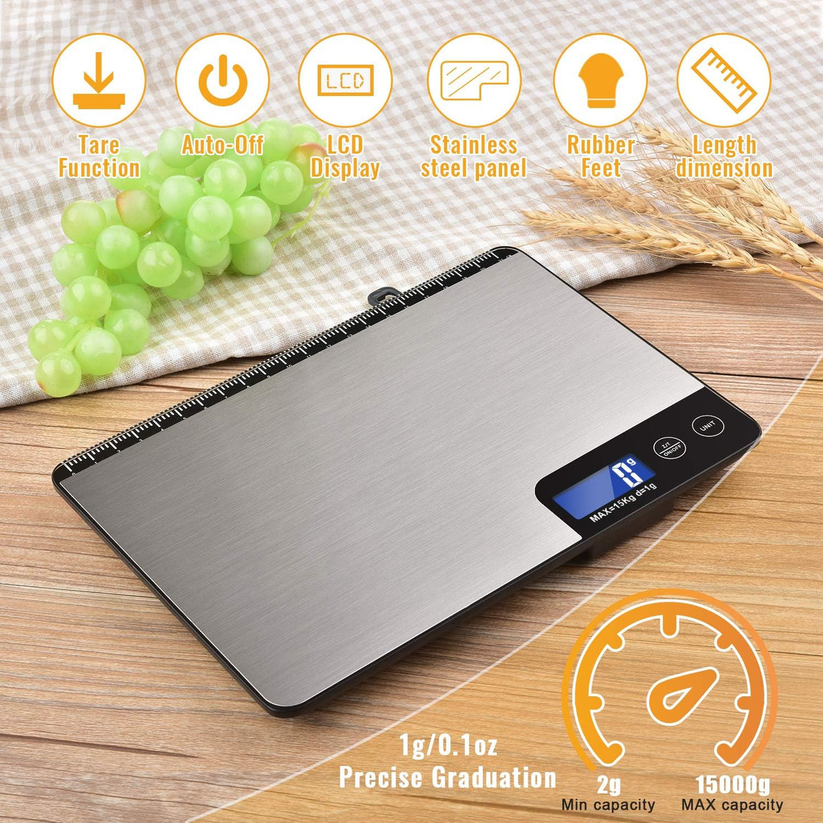 33lb Digital Kitchen Scale with Large Weighing Area (9 in)