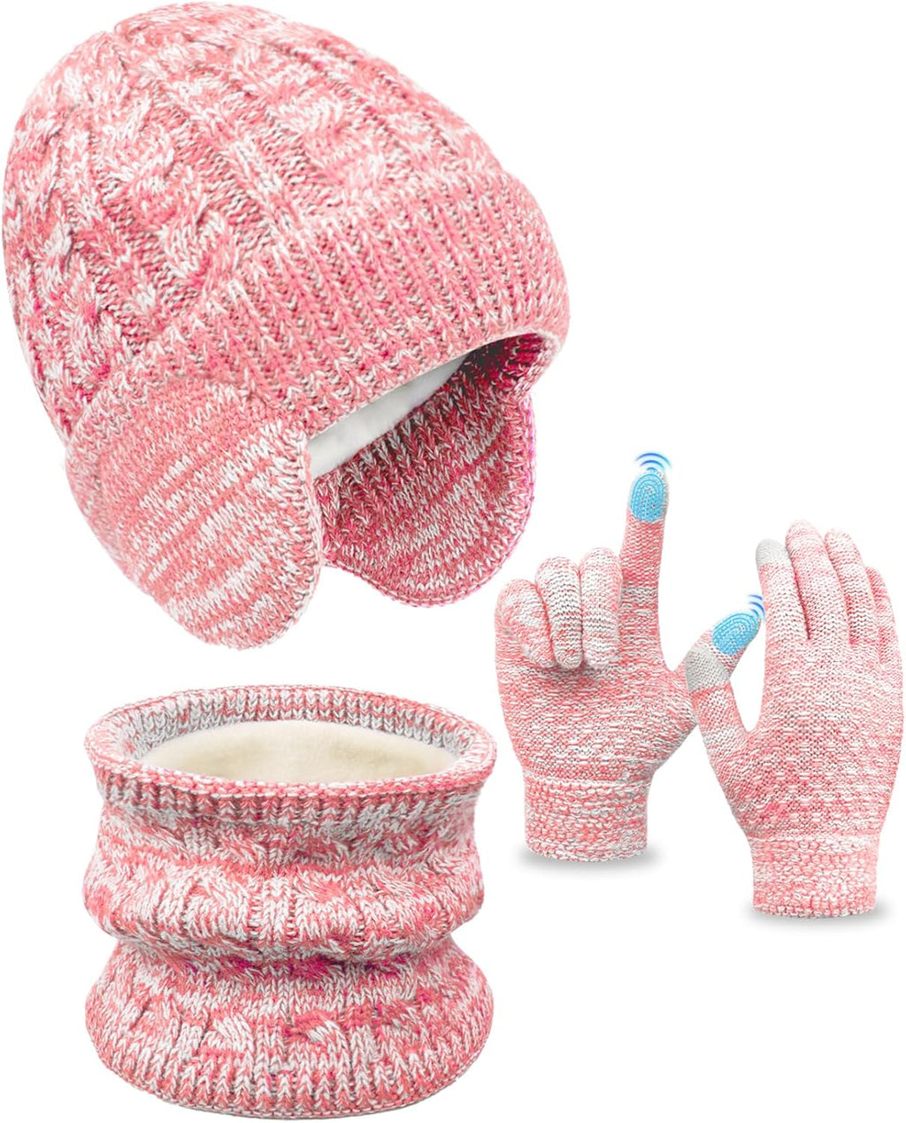 Kids Winter Hat Gloves Scarf Set,Toddler Girls Boys Beanie Hat with Earflaps,Knit Mittens & Neck Gaiter Warmer for