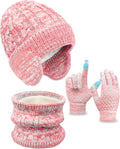 Kids Winter Hat Gloves Scarf Set,Toddler Girls Boys Beanie Hat with Earflaps,Knit Mittens & Neck Gaiter Warmer for