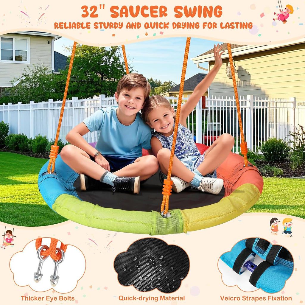 Swing Set for Backyard, 32" Saucer and Belt Seat, 440 lb Frame | 2 swing styles in one frame: 32" saucer for sharing