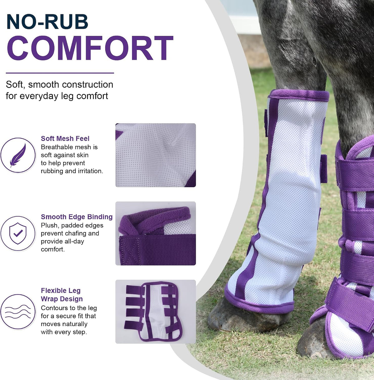 Horse Fly Boots Set of 4 - No-Rub Airflow Mesh Leggings to Reduce Stomping - Stay-on Breathable Horse Leg Wraps for