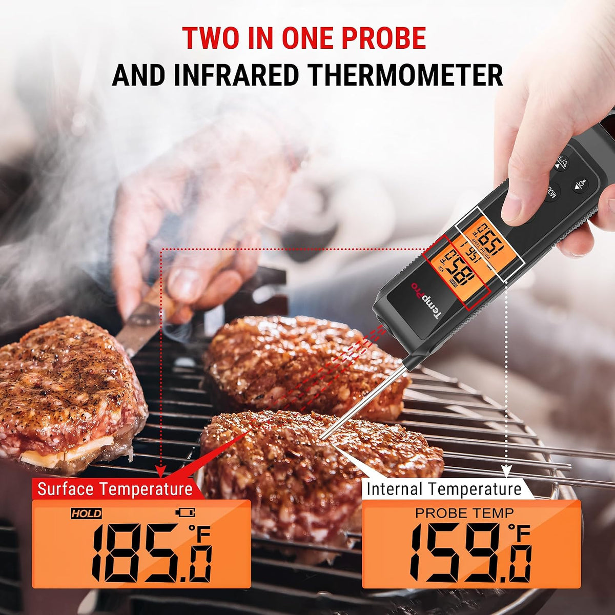 TempScan 2-in-1 Infrared Thermometer Gun with Meat Probe, Black