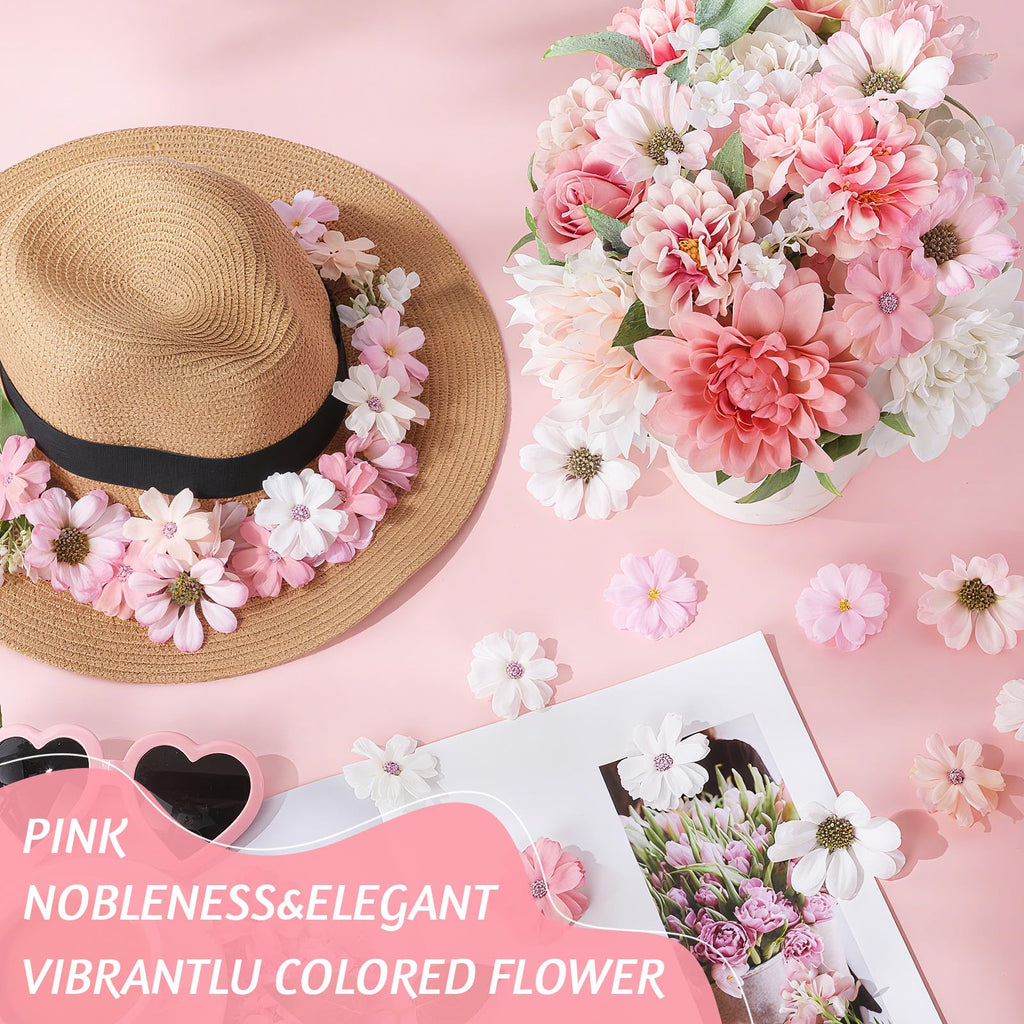 100 Pcs Assorted Fake Flower Heads with Long Stem,Pink