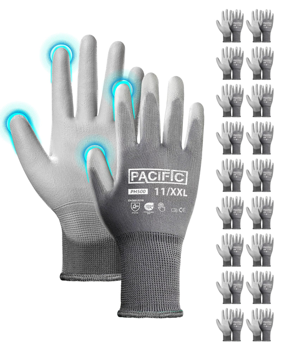 PU Coated Grip Work Gloves, Touchscreen, Seamless Knit, Small