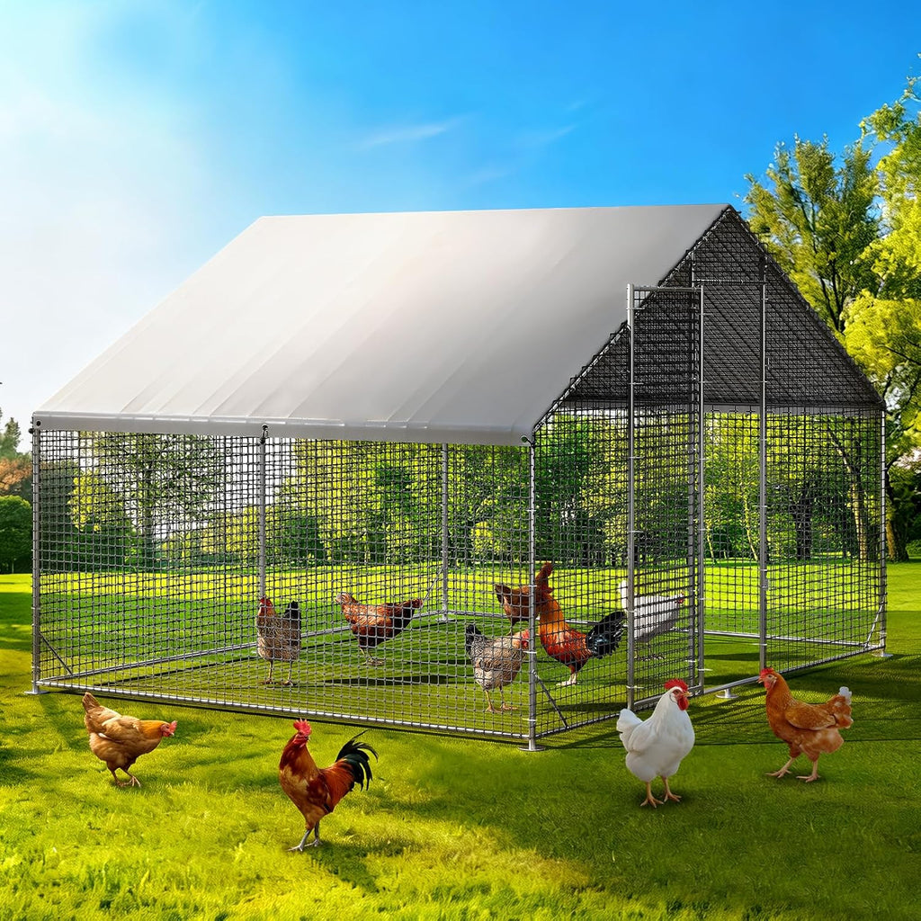 Large Walk-in Chicken Coop with Chicken Run, Galvanized Poultry Enclosure with Waterproof Anti-UV Cover and Security